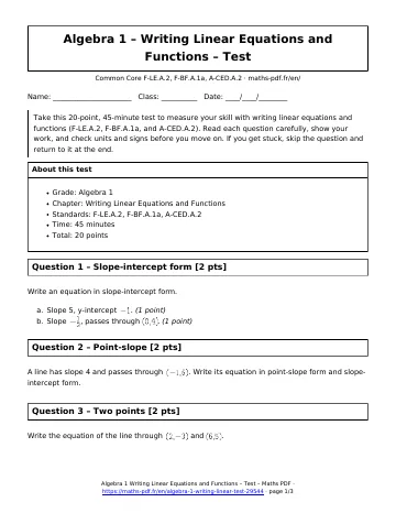 Writing linear test (Algebra 1) – first page of the printable PDF