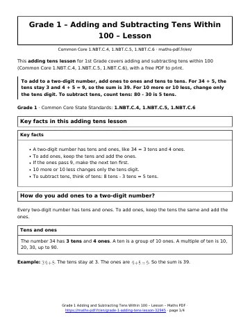 Adding tens lesson (1st Grade) – first page of the printable PDF