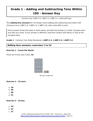 Adding tens answers (1st Grade) – first page of the printable PDF