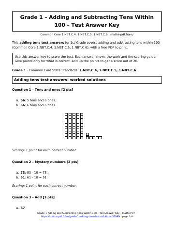 Adding tens test answers (1st Grade) – first page of the printable PDF