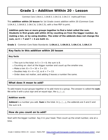 Addition within 20 lesson (1st Grade) – first page of the printable PDF