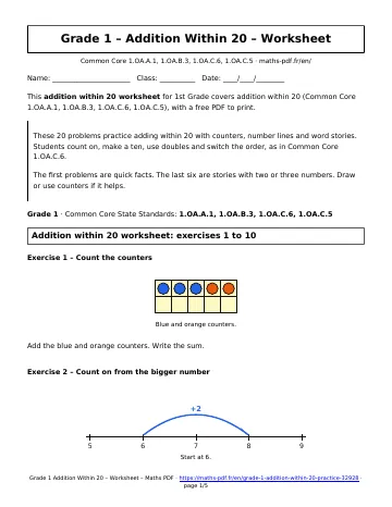 Addition within 20 worksheet (1st Grade) – first page of the printable PDF