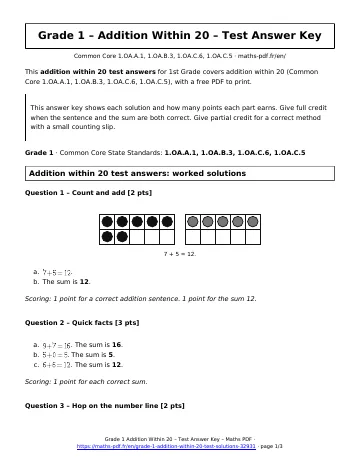 Addition within 20 test answers (1st Grade) – first page of the printable PDF