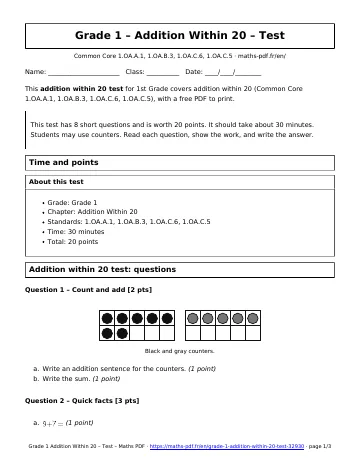 Addition within 20 test (1st Grade) – first page of the printable PDF