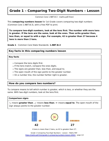 Comparing numbers lesson (1st Grade) – first page of the printable PDF