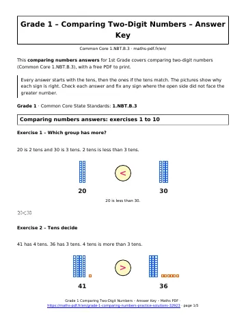 Comparing numbers answers (1st Grade) – first page of the printable PDF