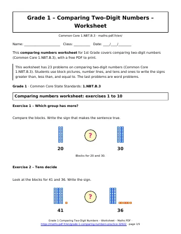 Comparing numbers worksheet (1st Grade) – first page of the printable PDF