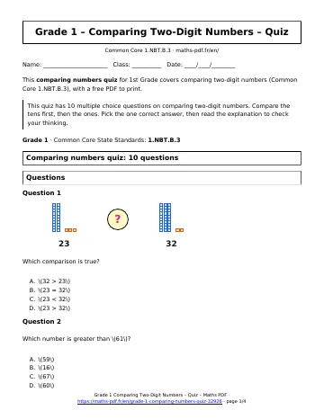 Comparing numbers quiz (1st Grade) – first page of the printable PDF