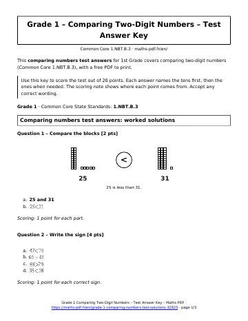 Comparing numbers test answers (1st Grade) – first page of the printable PDF