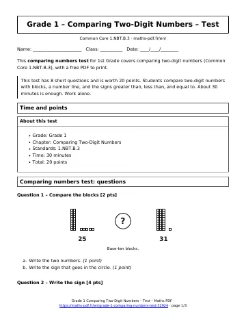 Comparing numbers test (1st Grade) – first page of the printable PDF
