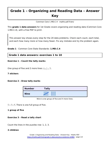 Grade 1 data answers (1st Grade) – first page of the printable PDF