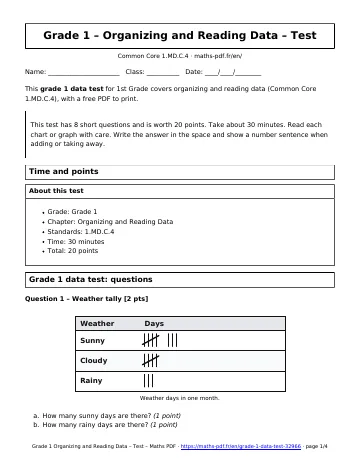 Grade 1 data test (1st Grade) – first page of the printable PDF