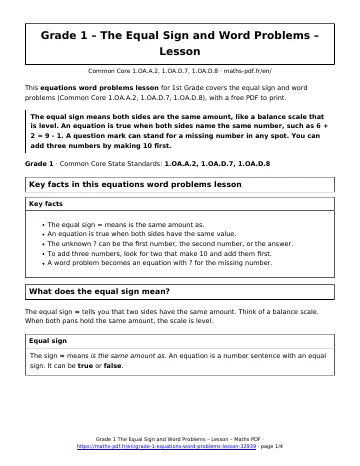 Equations word problems lesson (1st Grade) – first page of the printable PDF