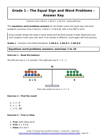 Equations word problems answers (1st Grade) – first page of the printable PDF