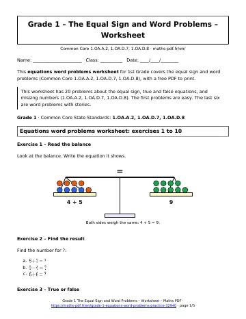 Equations word problems worksheet (1st Grade) – first page of the printable PDF