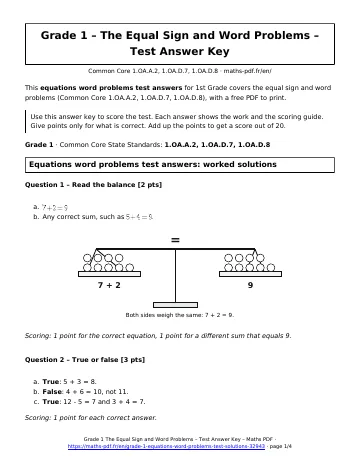 Equations word problems test answers (1st Grade) – first page of the printable PDF