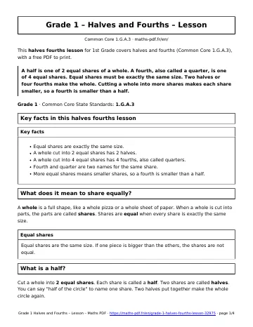 Halves fourths lesson (1st Grade) – first page of the printable PDF