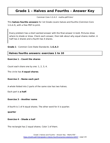 Halves fourths answers (1st Grade) – first page of the printable PDF