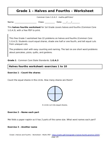 Halves fourths worksheet (1st Grade) – first page of the printable PDF