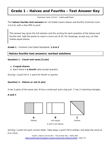 Halves fourths test answers (1st Grade) – first page of the printable PDF
