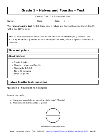 Halves fourths test (1st Grade) – first page of the printable PDF