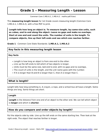 Measuring length lesson (1st Grade) – first page of the printable PDF