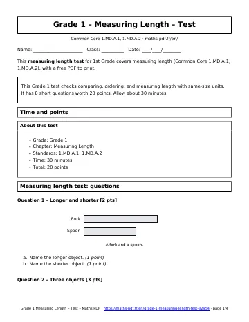 Measuring length test (1st Grade) – first page of the printable PDF