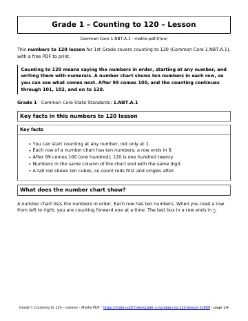 Numbers to 120 lesson (1st Grade) – first page of the printable PDF