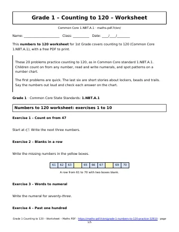 Numbers to 120 worksheet (1st Grade) – first page of the printable PDF