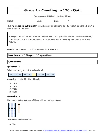 Numbers to 120 quiz (1st Grade) – first page of the printable PDF