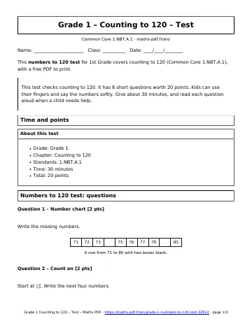 Numbers to 120 test (1st Grade) – first page of the printable PDF