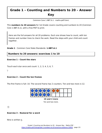 Numbers to 20 answers (1st Grade) – first page of the printable PDF