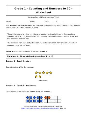 Numbers to 20 worksheet (1st Grade) – first page of the printable PDF