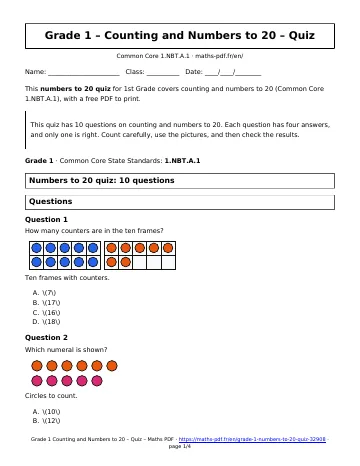 Numbers to 20 quiz (1st Grade) – first page of the printable PDF