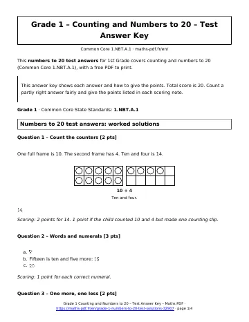 Numbers to 20 test answers (1st Grade) – first page of the printable PDF