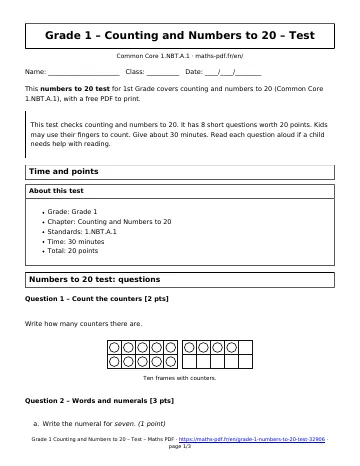 Numbers to 20 test (1st Grade) – first page of the printable PDF