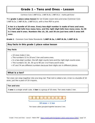 Grade 1 place value lesson (1st Grade) – first page of the printable PDF