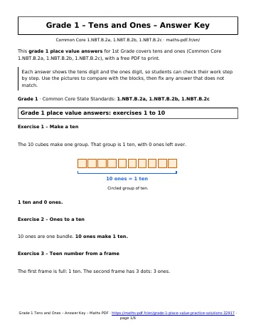 Grade 1 place value answers (1st Grade) – first page of the printable PDF