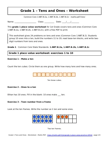Grade 1 place value worksheet (1st Grade) – first page of the printable PDF