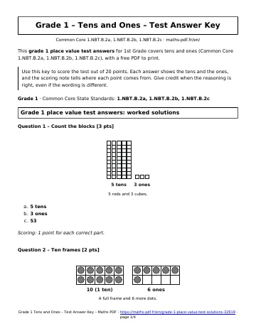 Grade 1 place value test answers (1st Grade) – first page of the printable PDF