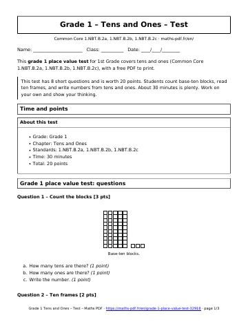 Grade 1 place value test (1st Grade) – first page of the printable PDF