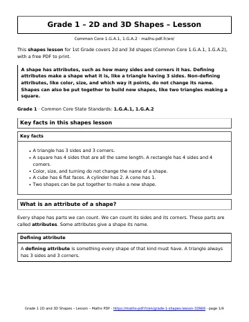Shapes lesson (1st Grade) – first page of the printable PDF