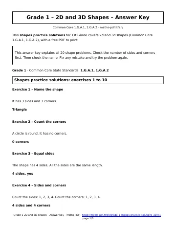 Shapes practice solutions (1st Grade) – first page of the printable PDF