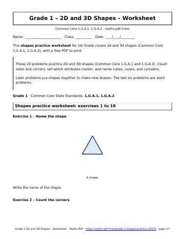 Shapes practice worksheet (1st Grade) – first page of the printable PDF