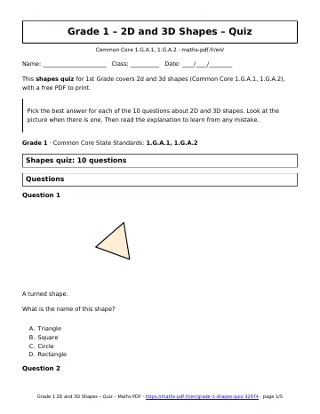 Shapes quiz (1st Grade) – first page of the printable PDF