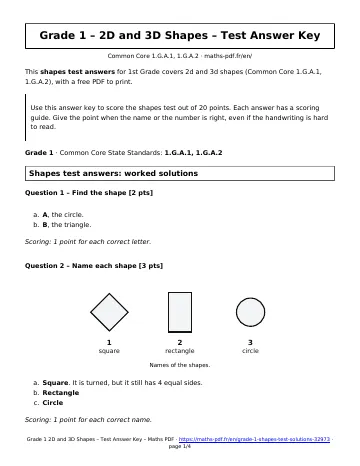 Shapes test answers (1st Grade) – first page of the printable PDF