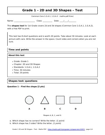 Shapes test (1st Grade) – first page of the printable PDF