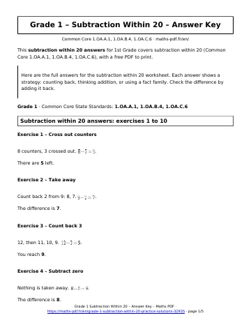 Subtraction within 20 answers (1st Grade) – first page of the printable PDF
