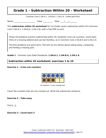 Subtraction within 20 worksheet (1st Grade) – first page of the printable PDF