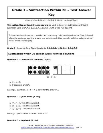 Subtraction within 20 test answers (1st Grade) – first page of the printable PDF